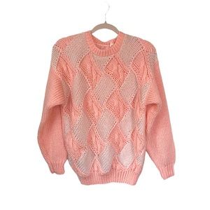 Vintage hand knit pink and white diamond crew neck barbiecore sweater